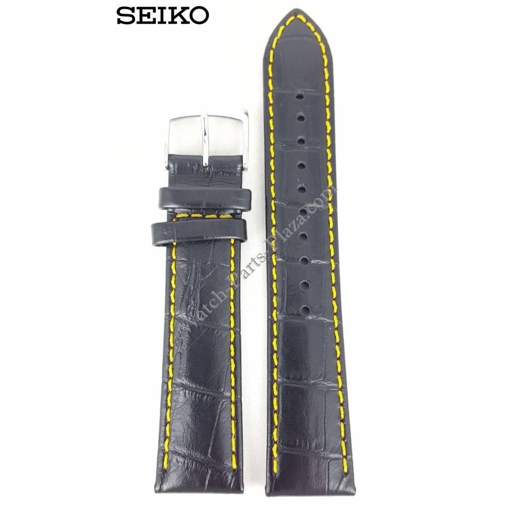 Seiko Barcelona SNDC89 Black Yellow Leather Watch Band 7T92 - 0MF0 Strap 20mm - Watch Plaza