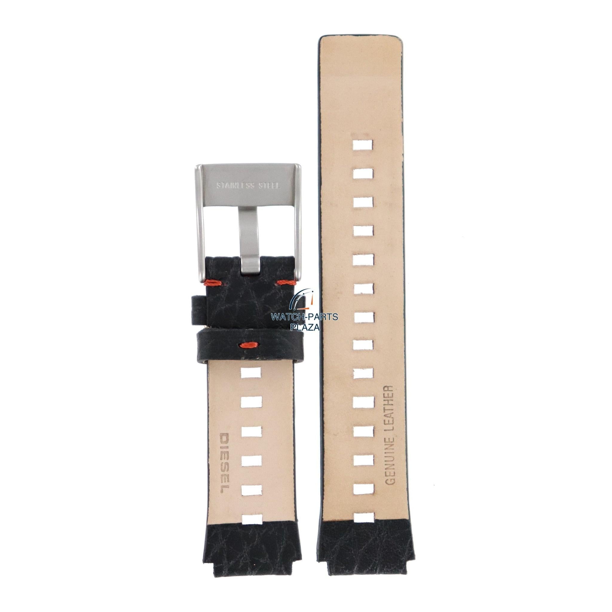 Watch Band Diesel DZ2108 black leather strap 16mm original orange stitching - Watch Plaza