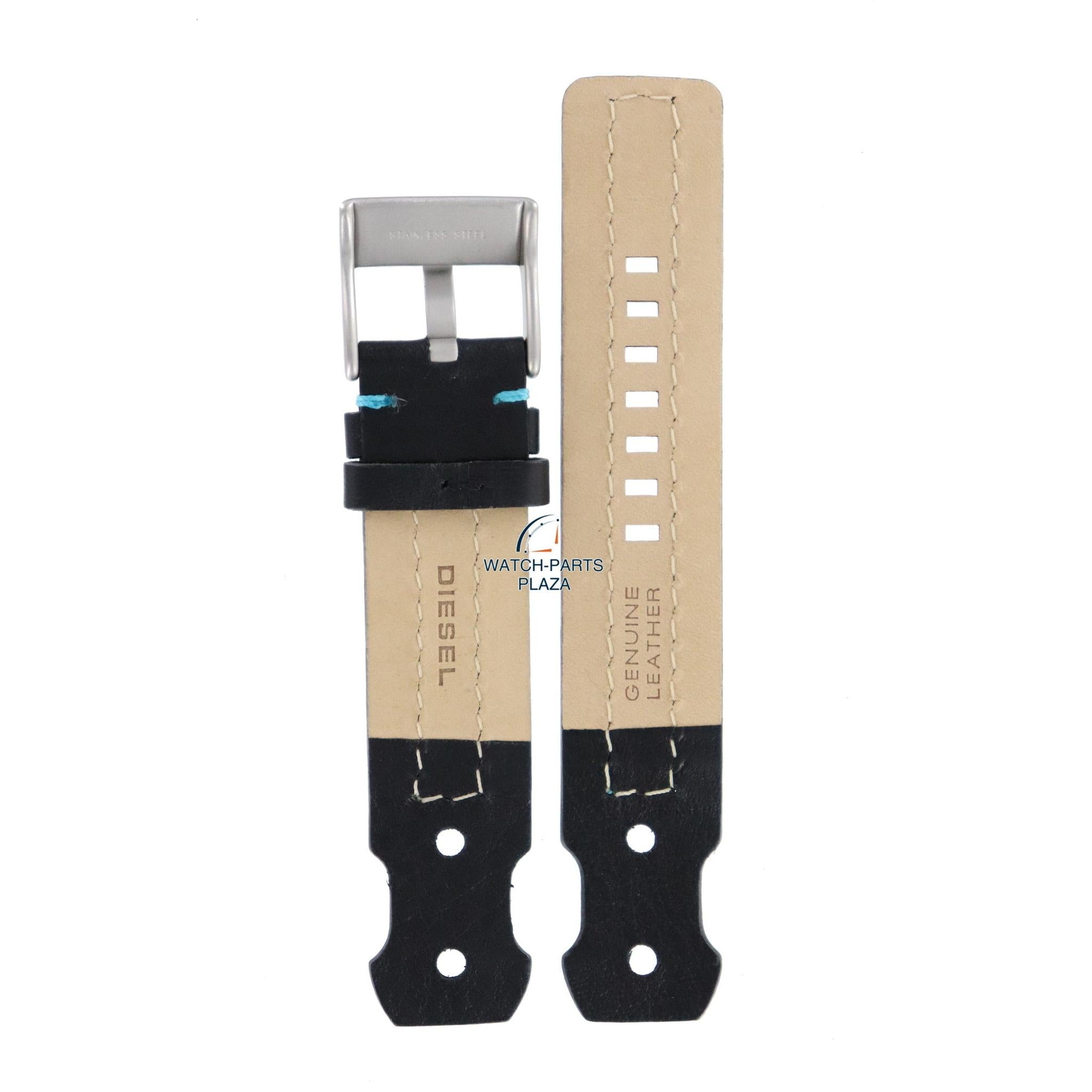 Watch Band Diesel DZ2113 black leather strap 22mm blue stitched - Watch Plaza