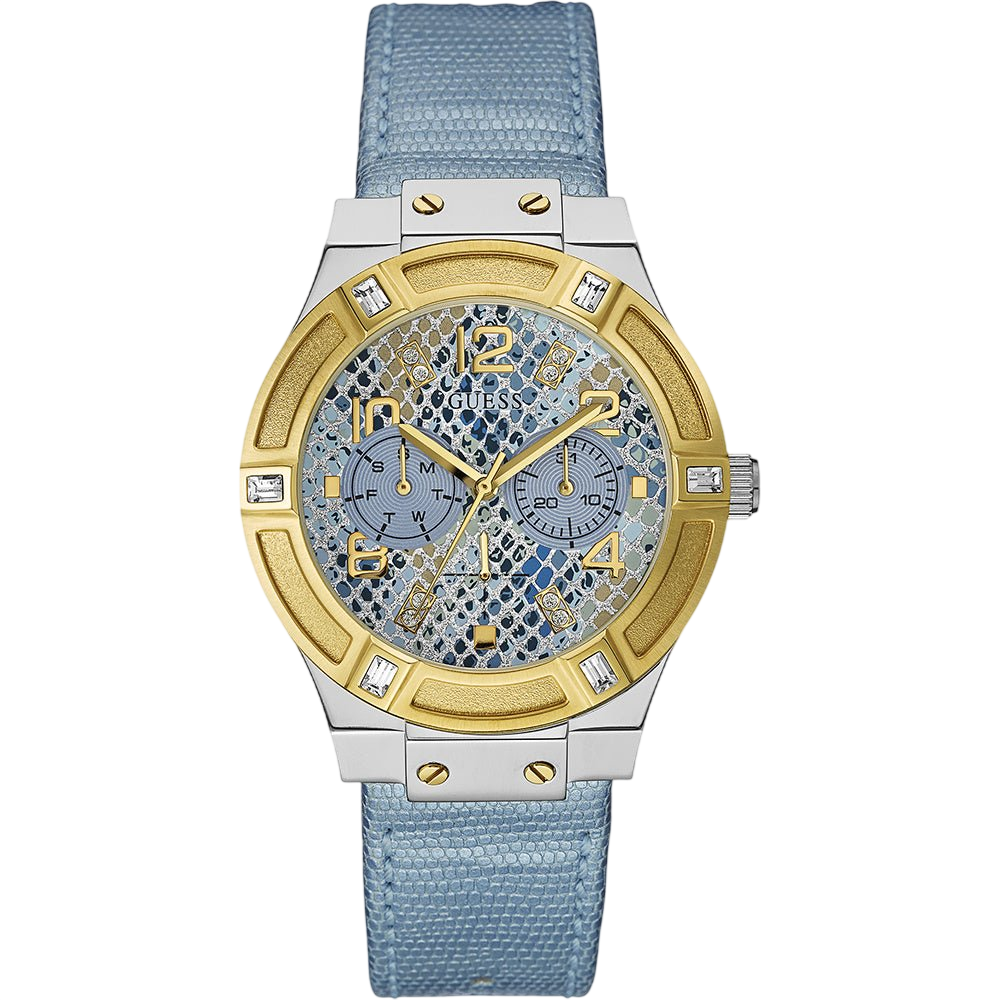Watch Guess W0289L2 Jet Setter ladies watch gold colored 39mm light blue strap - Watch Plaza