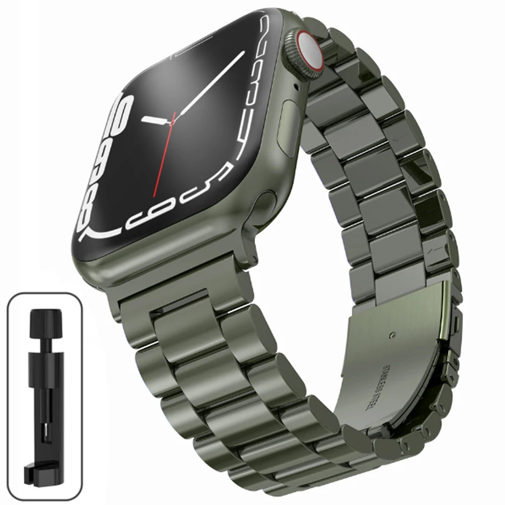 STRPZ® Apple Watch Bandje – Legergroen Rvs (Roestvrij staal) – Horloge Series, SE & Ultra
